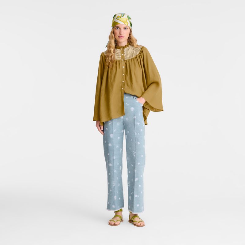 Women Longchamp Smocked Veil Blouse Olive | Ireland-376QAKUVX