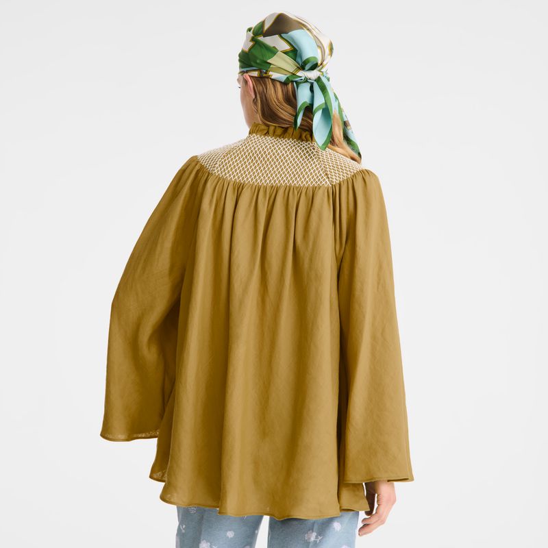 Women Longchamp Smocked Veil Blouse Olive | Ireland-376QAKUVX