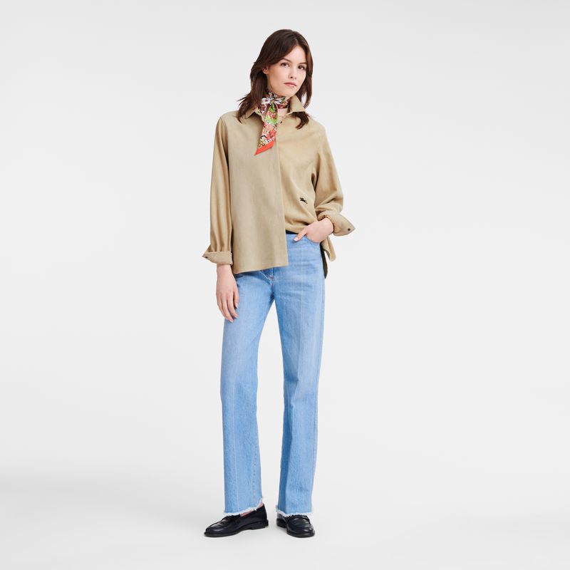 Women Longchamp Straight Leather Shirts Beige | Ireland-954XTUNSP