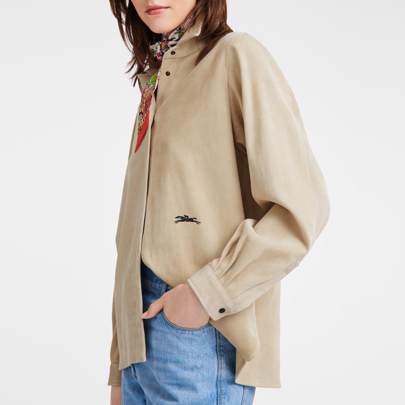 Women Longchamp Straight Leather Shirts Beige | Ireland-954XTUNSP