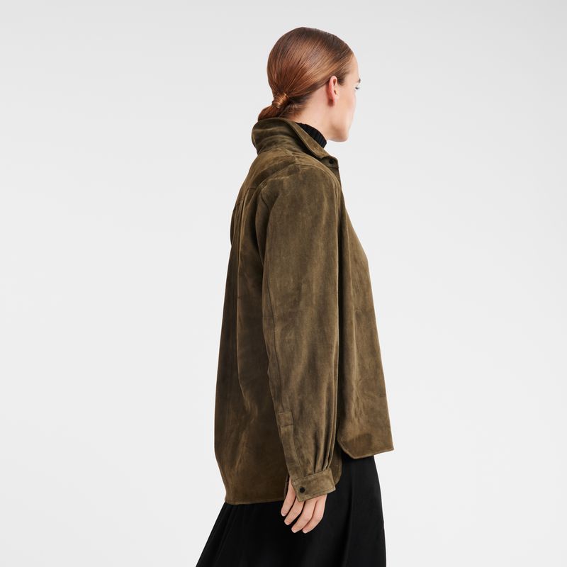 Women Longchamp Straight Leather Shirts Khaki | Ireland-583MTAJGF