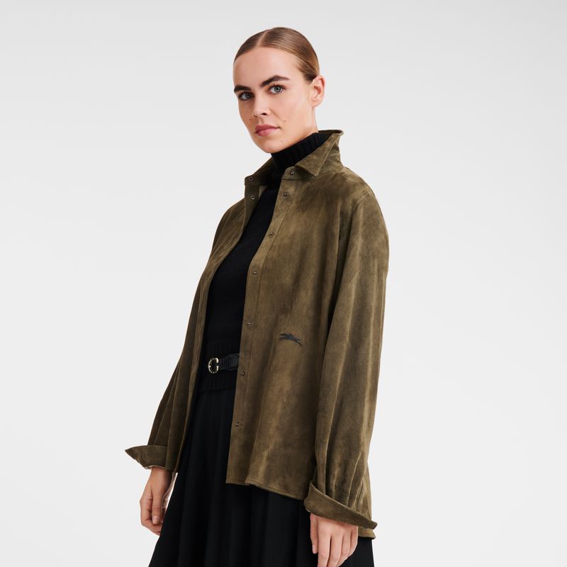 Women Longchamp Straight Leather Shirts Khaki | Ireland-583MTAJGF