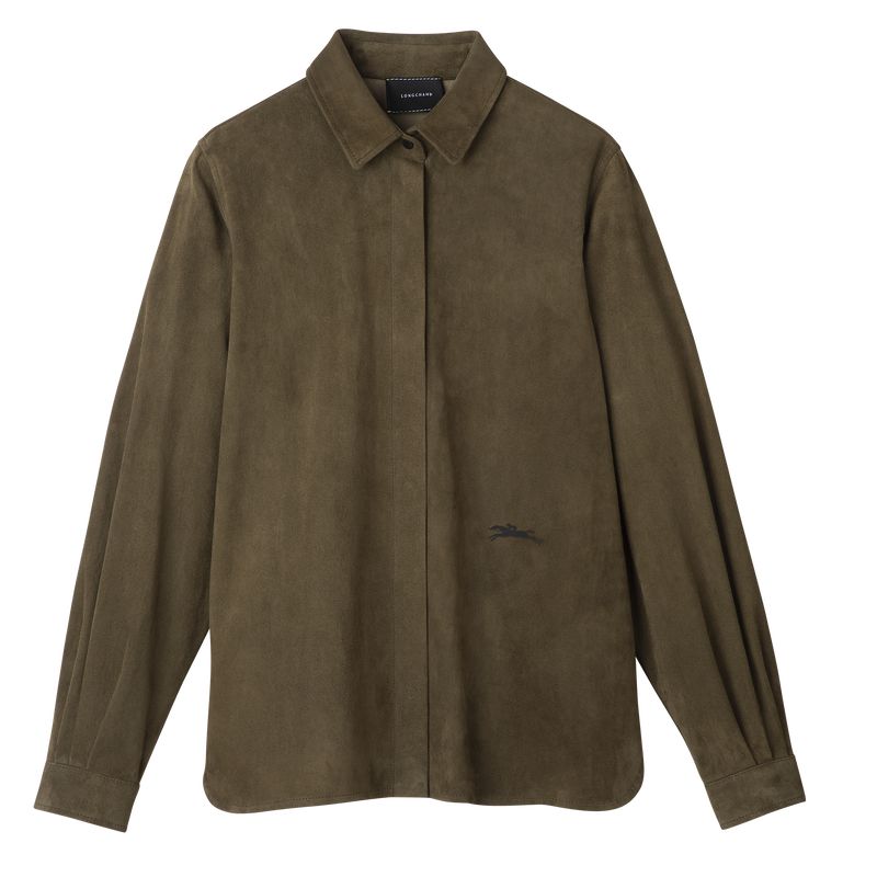 Women Longchamp Straight Leather Shirts Khaki | Ireland-583MTAJGF