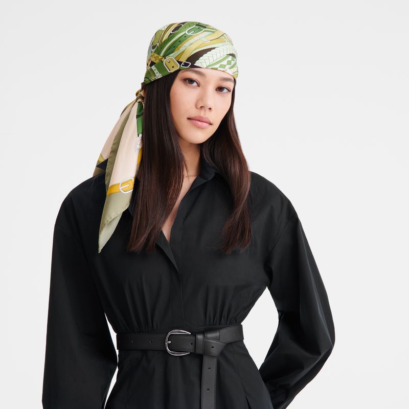 Women Longchamp Tête De Cheval 90 Scarf Olive / Multicolor | Ireland-726XRAJVB