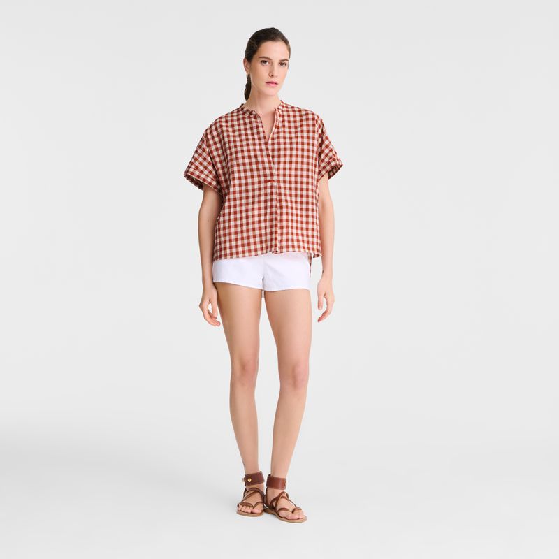 Women Longchamp Vichy Jacquard Blouse Coral / White | Ireland-576QZCIEG
