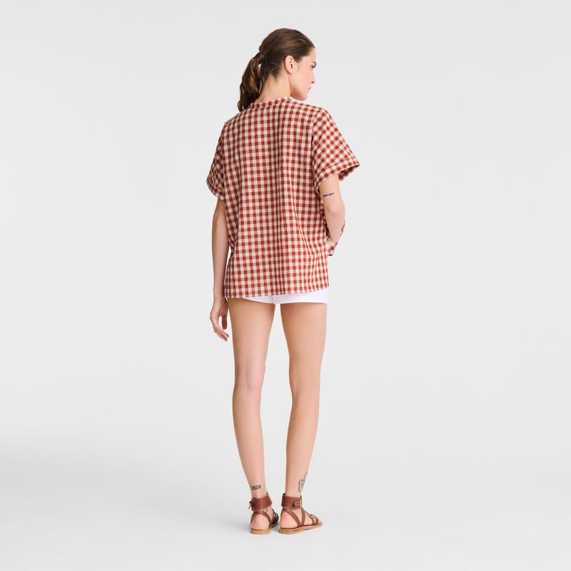 Women Longchamp Vichy Jacquard Blouse Coral / White | Ireland-576QZCIEG