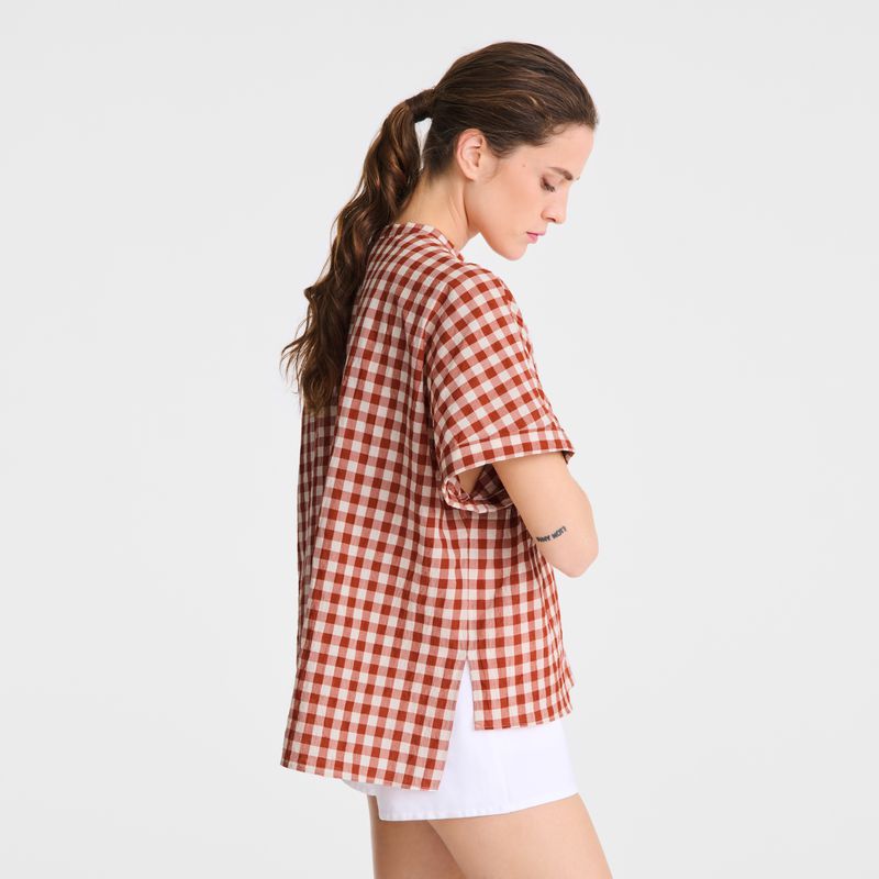 Women Longchamp Vichy Jacquard Blouse Coral / White | Ireland-576QZCIEG