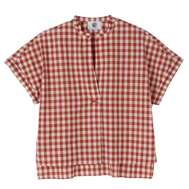 Women Longchamp Vichy Jacquard Blouse Coral / White | Ireland-576QZCIEG