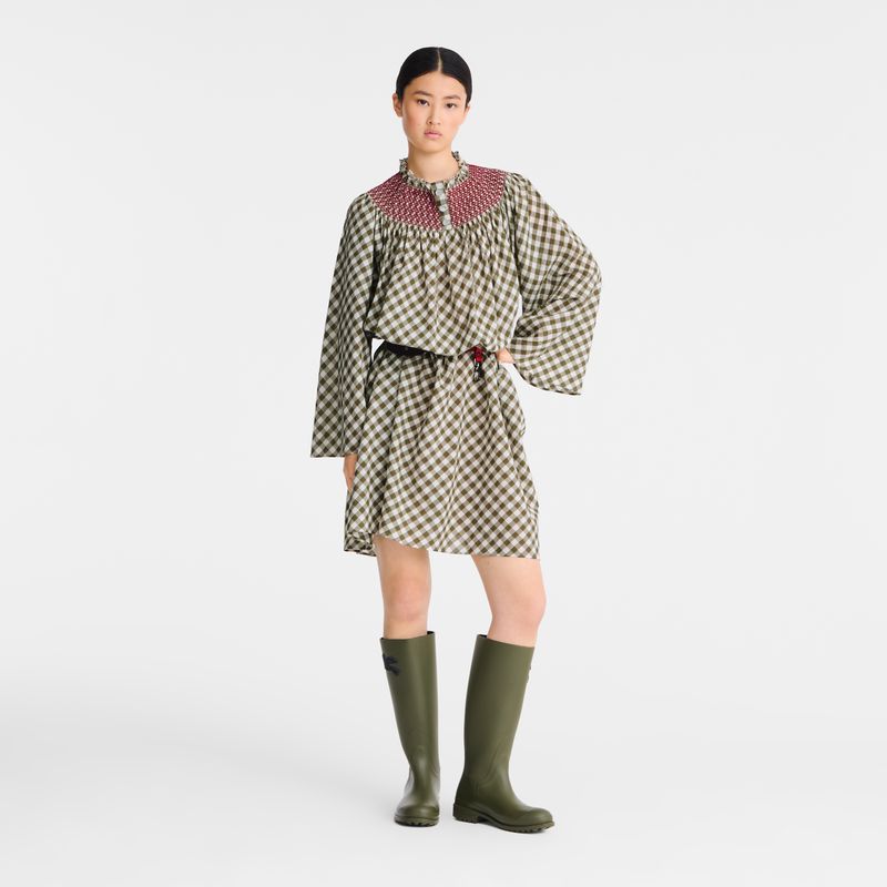 Women Longchamp Vichy Jacquard Dress Olive | Ireland-972JWMYRS