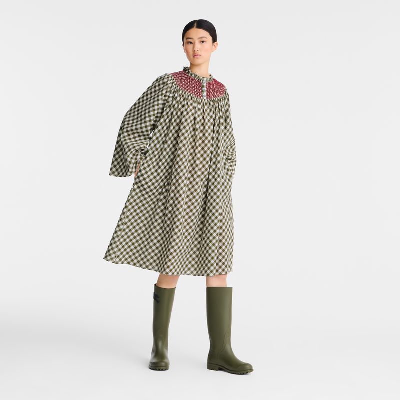 Women Longchamp Vichy Jacquard Dress Olive | Ireland-972JWMYRS