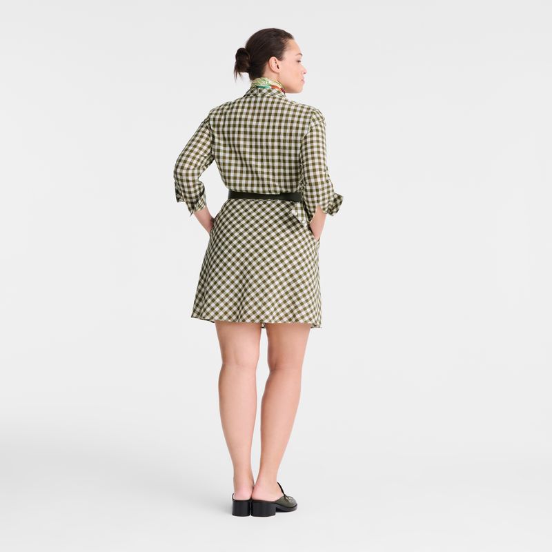 Women Longchamp Vichy Jacquard Dress Olive | Ireland-736NZHSQL