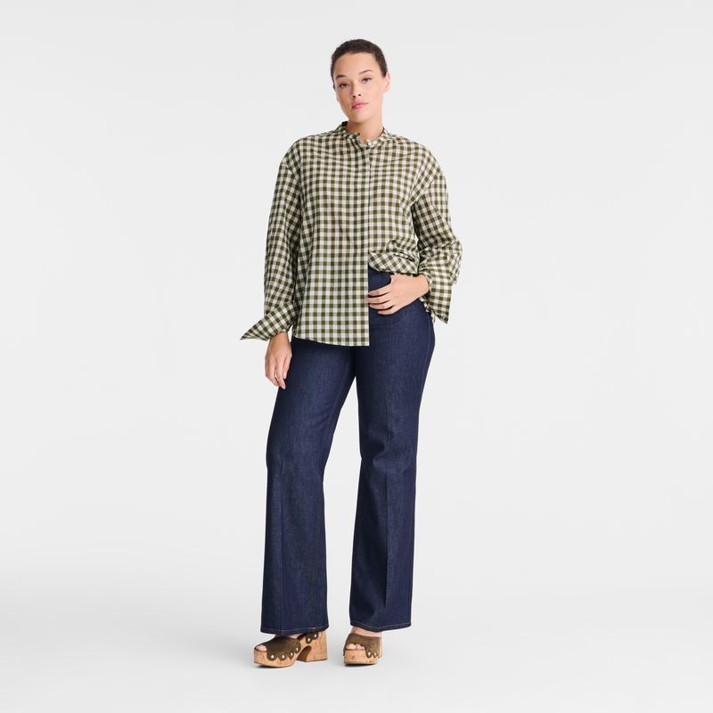 Women Longchamp Vichy Jacquard Shirts Olive | Ireland-429ZPUNXL