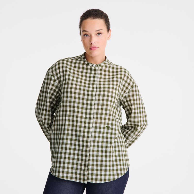Women Longchamp Vichy Jacquard Shirts Olive | Ireland-429ZPUNXL