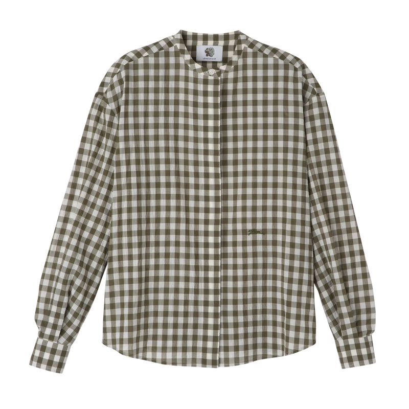 Women Longchamp Vichy Jacquard Shirts Olive | Ireland-429ZPUNXL