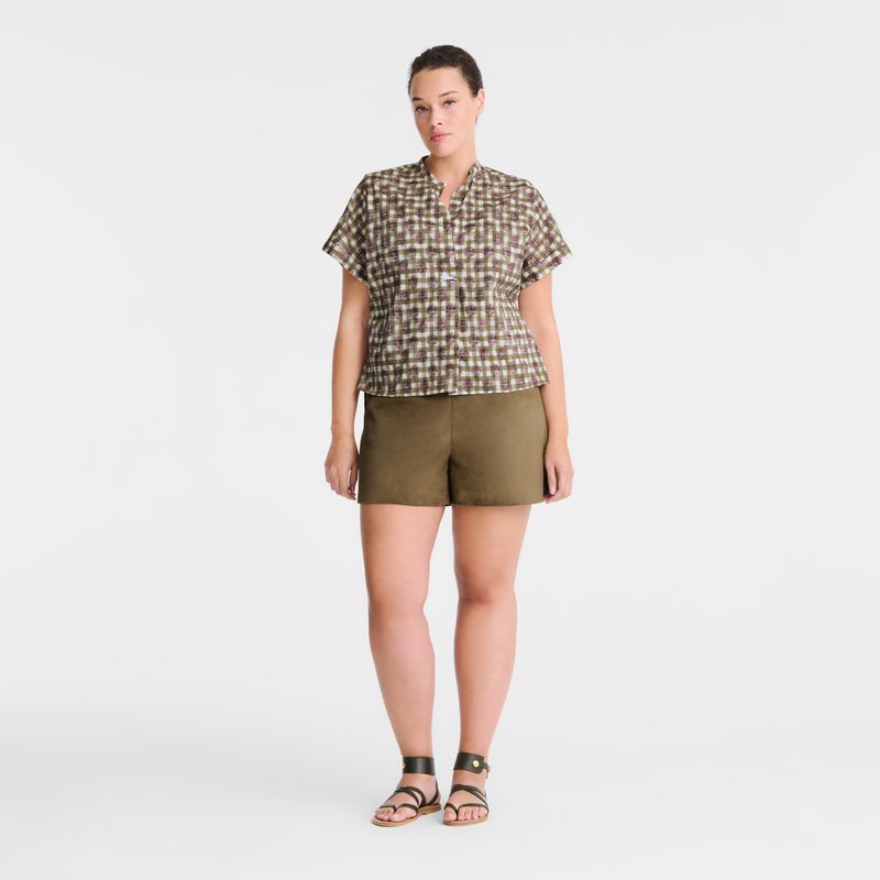Women Longchamp Vichy Print Veil Blouse Olive | Ireland-172GMJRVC