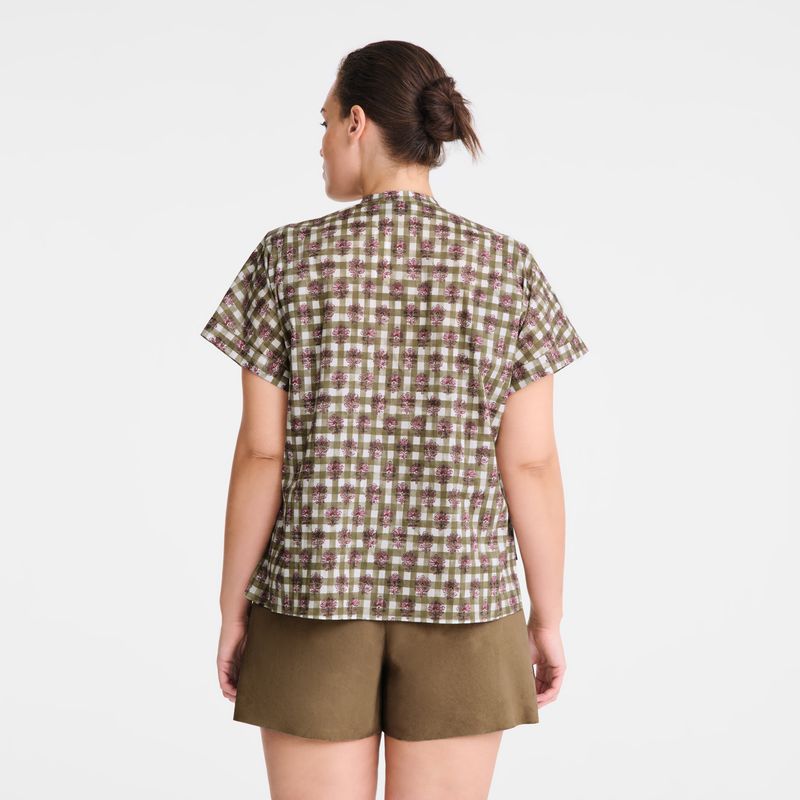 Women Longchamp Vichy Print Veil Blouse Olive | Ireland-172GMJRVC