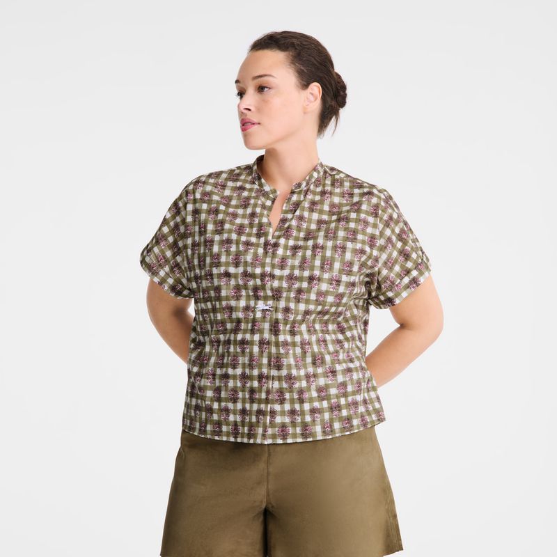 Women Longchamp Vichy Print Veil Blouse Olive | Ireland-172GMJRVC