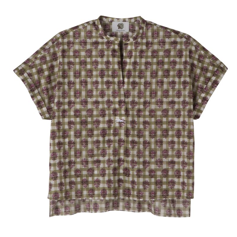 Women Longchamp Vichy Print Veil Blouse Olive | Ireland-172GMJRVC