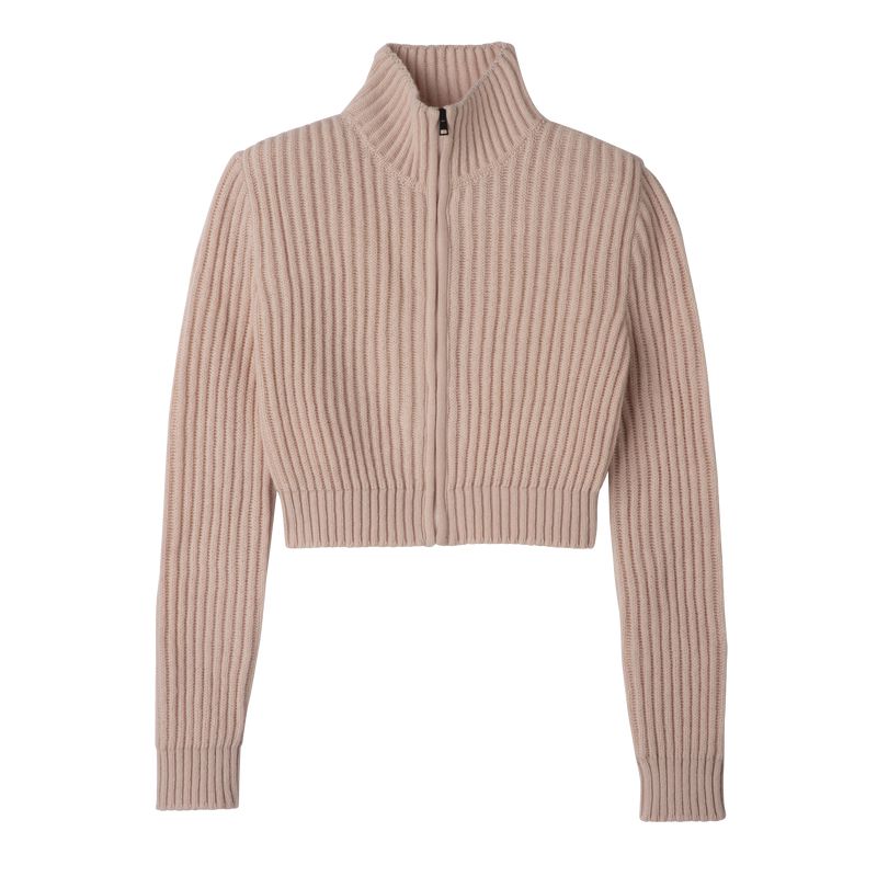 Women Longchamp Zip Collar Short Cardigan Beige | Ireland-126SGZYKP