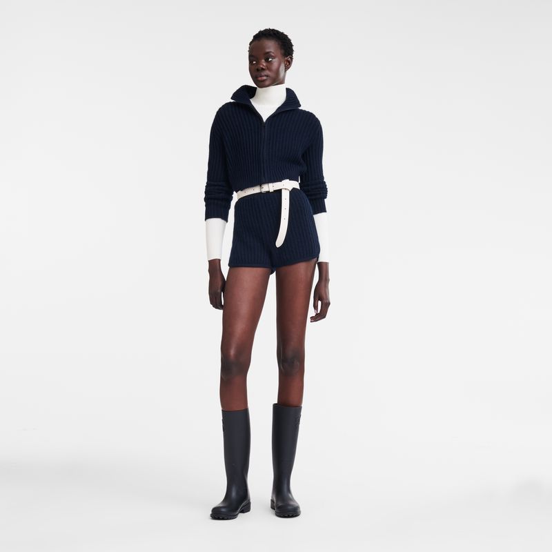 Women Longchamp Zip Collar Short Cardigan Navy | Ireland-251ZAOUHC