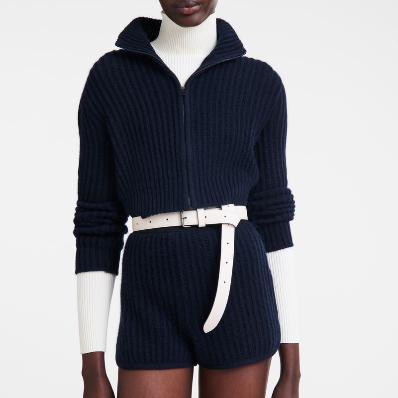 Women Longchamp Zip Collar Short Cardigan Navy | Ireland-251ZAOUHC