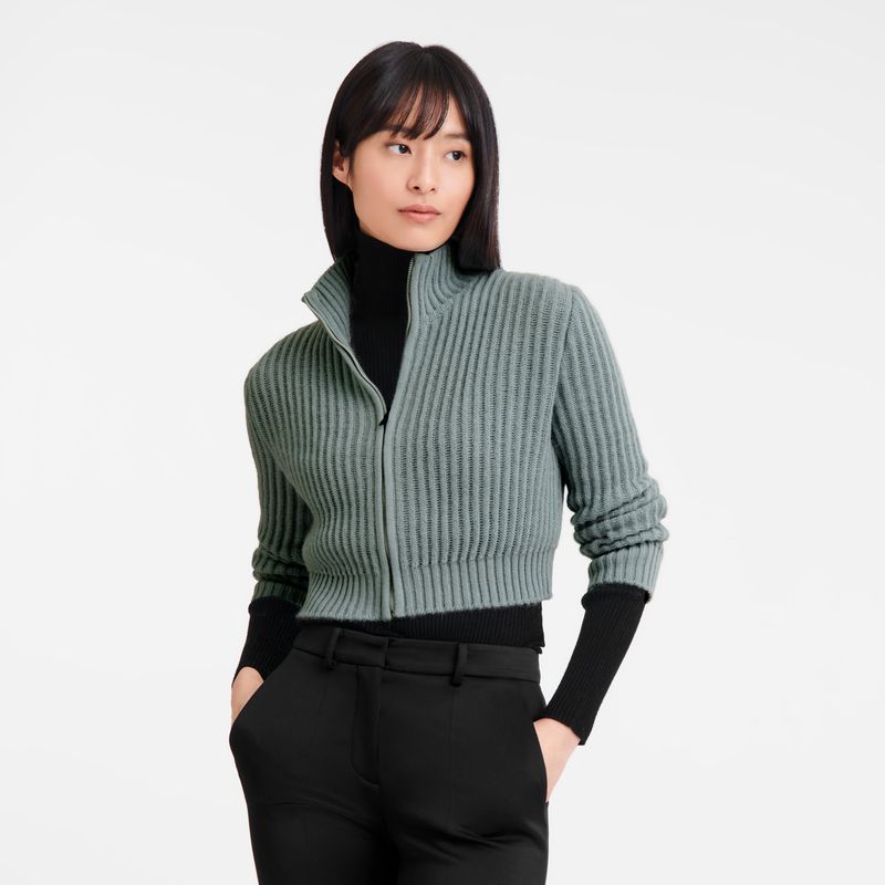 Women Longchamp Zip Collar Short Cardigan Blue | Ireland-860YIDHCA