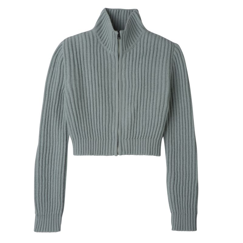 Women Longchamp Zip Collar Short Cardigan Blue | Ireland-860YIDHCA